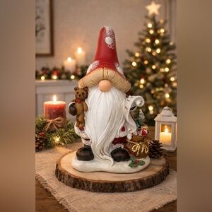 Holiday Gnome with Red Hat and Teddy Bear